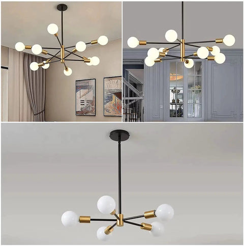Three black and brass modern chandelier lights with spherical bulbs in living room and office settings.