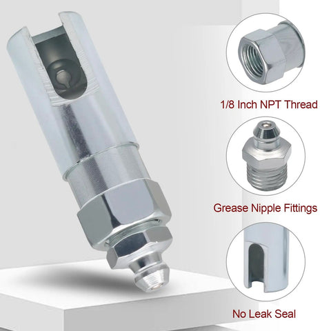 Grease Gun Needle Tip Kit 5 Pc Set With Durable Steel Dispenser Includes Needle Nozzles Filling Nozzle And Tip with close-up of components