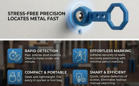 Glomora 2 Pcs Magnetic Stud Finder Handheld Portable Wall Stud Finder Metal Detector for Hanging Frame Mirror TV (Blue) showing features on a wall.