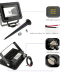 Components of Cool White 10W LED Flood Light Outdoor IP65 Waterproof Security Landscape Lamp with spike and wire details