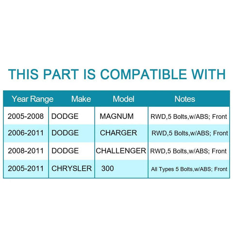 Compatibility chart for Front Wheel Hub And Bearing Assembly For Dodge Challenger Charger Magnum And Chrysler 300 5 Lug With ABS 2005 2014 Fitment