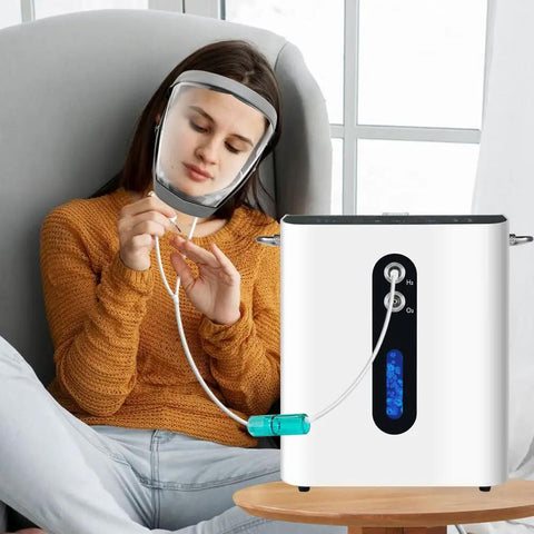 Woman using Hydrogen Face Mask Inhaler Kit With H2 Gas Generator, Lightweight Portable Mask for inhalation at home
