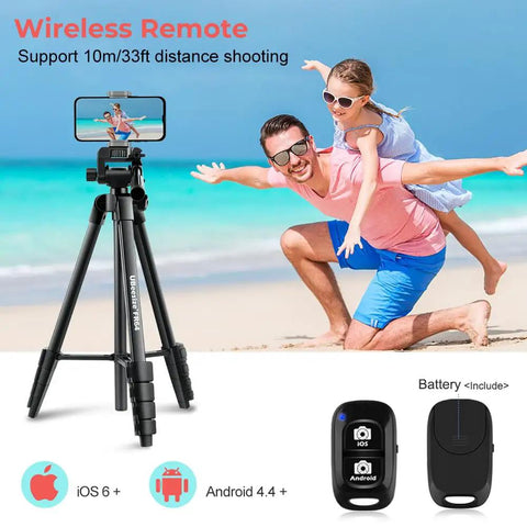 64 Inch Camera And Tablet Tripod With Remote For iPad And iPhone, wireless remote, beach background, aluminum alloy legs