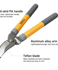Bypass Garden Loppers For Pruning, 16 Inch Shears With SK5 High Carbon Steel Blades, shown with anti-skid rubber handle and Teflon blade.