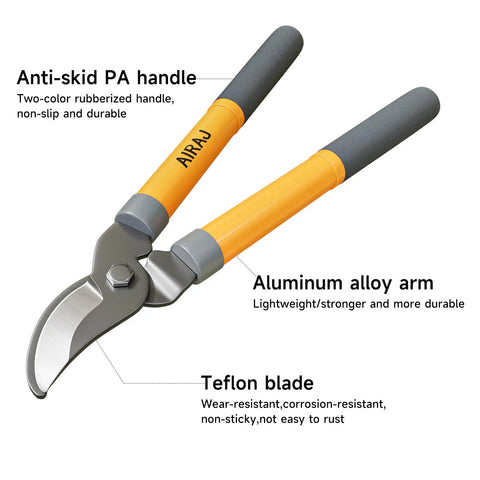 Bypass Garden Loppers For Pruning, 16 Inch Shears With SK5 High Carbon Steel Blades, shown with anti-skid rubber handle and Teflon blade.