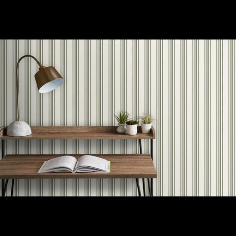 Grain Sack Stripe PVC Free Wallpaper Featuring Refined Linen Texture used in a room with wooden shelf and plants.