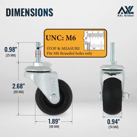 Smooth Rolling M6 Threaded Stem Caster Wheels 2 Inch TPR Rubber Swivel dimensions with detailed measurements