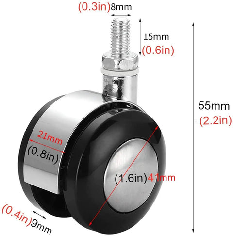 Slick Silent Swivel Casters Replacement Office Chair Wheels Heavy Duty 1.6 Inch plastic roller with chrome accents.