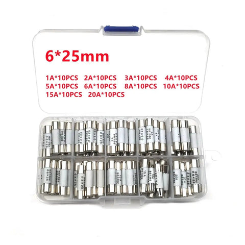 100 Piece Ceramic Fuse Set Kit 6x25mm 250V Assorted Fuses 1A 2A 3A 4A 5A 6A 8A 10A 15A 20A in one color case