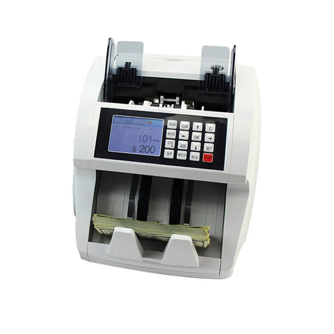 Heavy Duty Cash Counter Machine With Bright Lcd Screen And Multi Sensor Anti Falsification Tech For Mixed Bill Sorting showing front view with bills stacked.