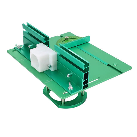 Heavy Duty Woodworking Bench Router Plate System With Precise Adjustable Height Lift and Sure Grip Clamping Mount, green CNC aluminum design.