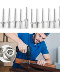 120 Piece Aluminum Alloy Blind Rivets Set Kit With Dome Head Rivets And Rivet Nut Tools For Metal Pro Grade DIY Projects Ideal For Furniture Auto Outdoor Use Versatile For Indoor Outdoor Use Durable And Practical For Home And Auto depicted with a man using a drill on furniture