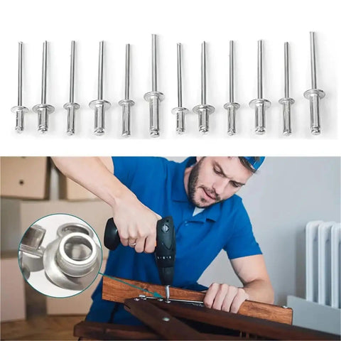 120 Piece Aluminum Alloy Blind Rivets Set Kit With Dome Head Rivets And Rivet Nut Tools For Metal Pro Grade DIY Projects Ideal For Furniture Auto Outdoor Use Versatile For Indoor Outdoor Use Durable And Practical For Home And Auto depicted with a man using a drill on furniture