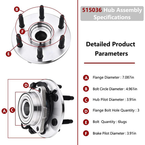 4WD Front Wheel Hub And Bearing Assembly 515036 Fits Silverado 1500 1999-2007, Tahoe Suburban 1500 2000-2006 front hub specs