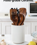 Ceramic Utensil Holder With Cork Bottom For Countertop Go To Large 6.7 Inch Tall Utensil Crock filled with wooden kitchen tools