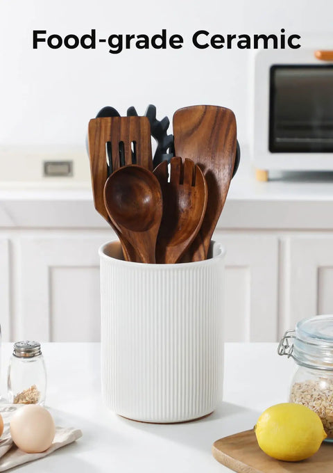 Ceramic Utensil Holder With Cork Bottom For Countertop Go To Large 6.7 Inch Tall Utensil Crock filled with wooden kitchen tools