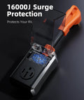 50 Amp RV Surge Protector With 16000 Joules, Waterproof Cover, Circuit Analyzer, and Plug Adapter for outdoor setups.