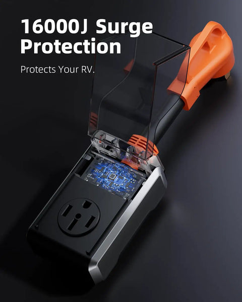 50 Amp RV Surge Protector With 16000 Joules, Waterproof Cover, Circuit Analyzer, and Plug Adapter for outdoor setups.