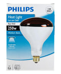 Box of Philips Infrared 250W R40 Red Heat Lamp Bulb Four Pack for Pets and Poultry, 120V Medium Base, great for incubators.