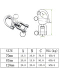 Heavy Duty Kickass 316 Stainless Steel Safety Clevis Pin Swivel Snap Shackle with size and specifications for marine rigging.