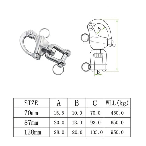 Heavy Duty Kickass 316 Stainless Steel Safety Clevis Pin Swivel Snap Shackle with size and specifications for marine rigging.