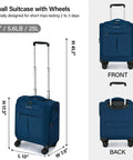 Ultra Lightweight 16 Inch Underseat Carry On Luggage With 360 Degree Spinner Wheels, FAA Approved, blue suitcase, front and back view