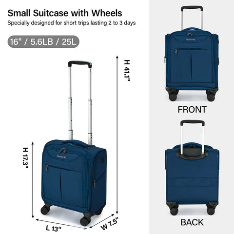 Ultra Lightweight 16 Inch Underseat Carry On Luggage With 360 Degree Spinner Wheels, FAA Approved, blue suitcase, front and back view