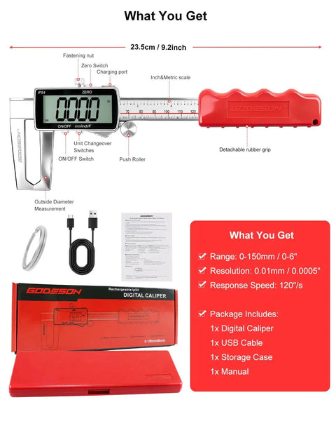 Digital Disc Brake Rotor Micrometer With 0 To 50mm Range And 0 To 2 Inch Readout, shown with packaging and accessories