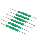 Six Piece Pro Grade Solder Helper Tool Set For Electronics Repair with double-sided hardened tips and green handles.