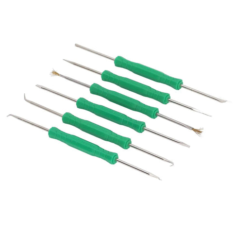 Six Piece Pro Grade Solder Helper Tool Set For Electronics Repair with double-sided hardened tips and green handles.