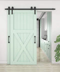 Heavy Duty Sliding Barn Door Rail Beefy Hardware Kit For Double Doors Monorail Track System installed on light green doors