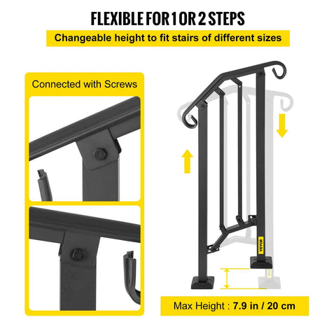 Outdoor Stair Railing For 1 Or 2 Steps Aluminum Handrail For Concrete Or Wood Stairs Black showing adjustable height and screws