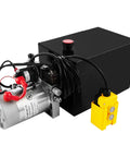 Beefy Truck-Grade 8 Quart Hydraulic Power Unit with dual acting dump trailer pump, 12V DC motor, steel reservoir, horizontal mount shown