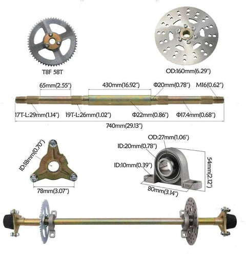 29 Inch Go Kart Rear Axle Kit With Brake Assembly And T8F Chain Set, steel and aluminum components with measurements shown