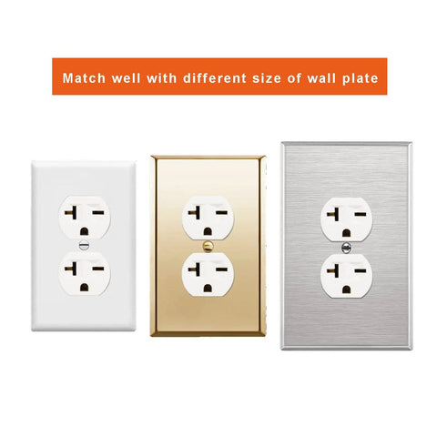 NEMA 6-20 Duplex Receptacle 20 Amp 250 Volt Outlet Industrial Grade with various wall plates in white, gold, and silver.