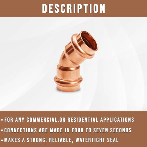 Zero Lead Copper 1/2 Inch 45 Degree Elbow Press Fitting for Quick Watertight Copper Pipe Connections in Residential and Commercial Plumbing Pack of 10, side view