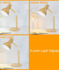 Wooden Arm LED Desk Lamp With 3 Color Temperature, Dimmable Brightness, Adjustable 18 Inch Height, White Matte Metal Shade
