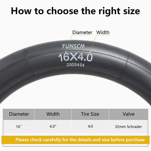 Two Pack 16x4.0 Heavy Duty E Bike Inner Tubes With Schrader Valve AV32mm size guide on black fat tire tube