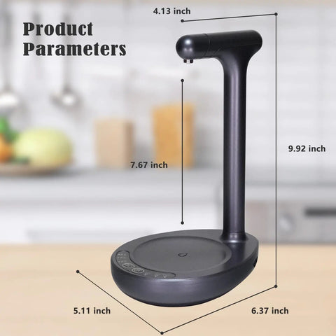 Desktop Water Dispenser For 5 Gallon Bottle With USB Rechargeable Battery, Wireless Operation, Grey finish, product dimensions shown.