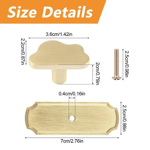 Size details of Gold Cloud Shaped Cabinet Knobs 6 Pack With Backplates, showing dimensions and components included.