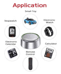 Image showing application examples for Heavy Duty AG10 LR1130 Button Cell Batteries 1.5V Alkaline 6 Pack including small toys, watches and calculators.