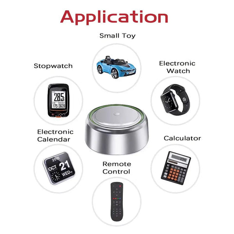 Image showing application examples for Heavy Duty AG10 LR1130 Button Cell Batteries 1.5V Alkaline 6 Pack including small toys, watches and calculators.