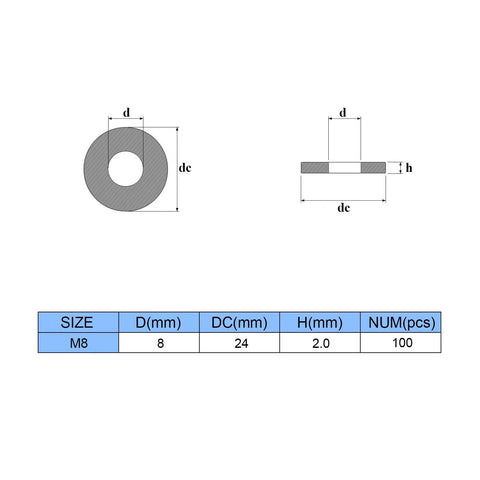 M8 flat washer, 304 stainless steel, inner hole 8mm, outer diameter 24mm, thickness 2mm, 100 pcs