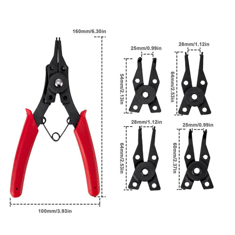 4 In 1 Snap Ring Pliers Set For Removing Retaining Clips Circlips And Snap Rings With Internal External Jaws, 5 Inch Handle