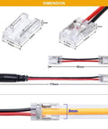 Diagram of 8mm 2 Pin COB LED Strip Connector Kit With DC Female Input showing dimensions and connections for seamless installation.