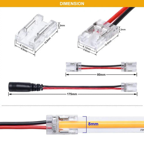Diagram of 8mm 2 Pin COB LED Strip Connector Kit With DC Female Input showing dimensions and connections for seamless installation.