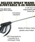 Deluxe spray wand with adjustable X-26 nozzle; corrosion-resistant brass tip; designed for 15 Gallon Gold Spot Sprayer With Prime Pump For Ag And Weed Control.