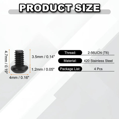 KickAss T6 Torx Pocket Clip Screws For Folding Knives Black Oxide Finish 2-56UNF Threads, 3.5mm length, 420 stainless steel.