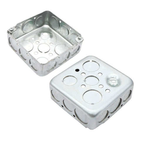 Galvanized 4 Inch Square Electrical Box With 1-1/2 Inch Depth, Ten 1/2 Inch And Six 3/4 Inch Knockouts, Built Tough Raised Grounded Metal Junction Box