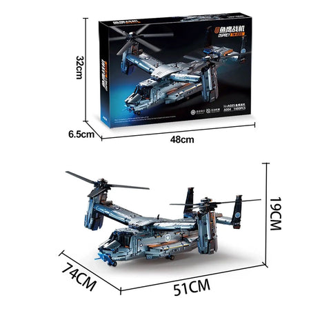 Osprey V-22 Tiltrotor Large-Scale Building Block Kit With 1480 Pieces on display with dimensions and packaging